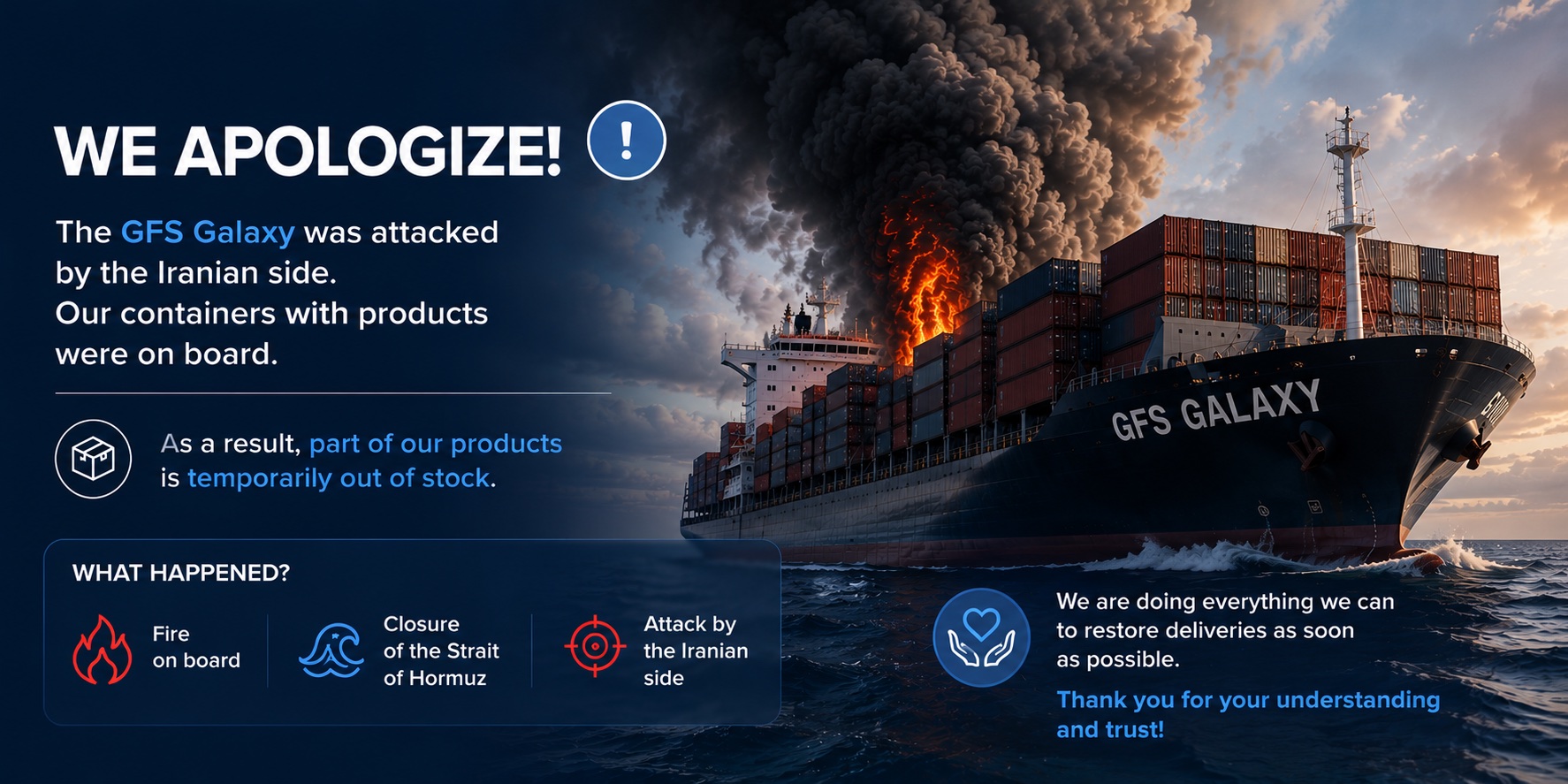 We apologize — the GFS Galaxy carrying our containers was attacked; part of our products is temporarily out of stock